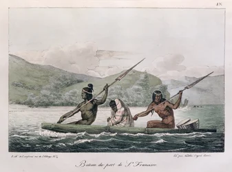 Barco do porto de São Francisco, de &39;Quaint Travel Around the World&39;, gravado por Jean Pierre Norblin (1745-1830) publicado em 1822